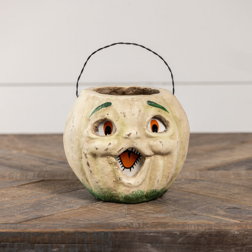 Vintage-Inspired White Resin Mache Jack-O-Lantern Choir Boy Candy Bucket