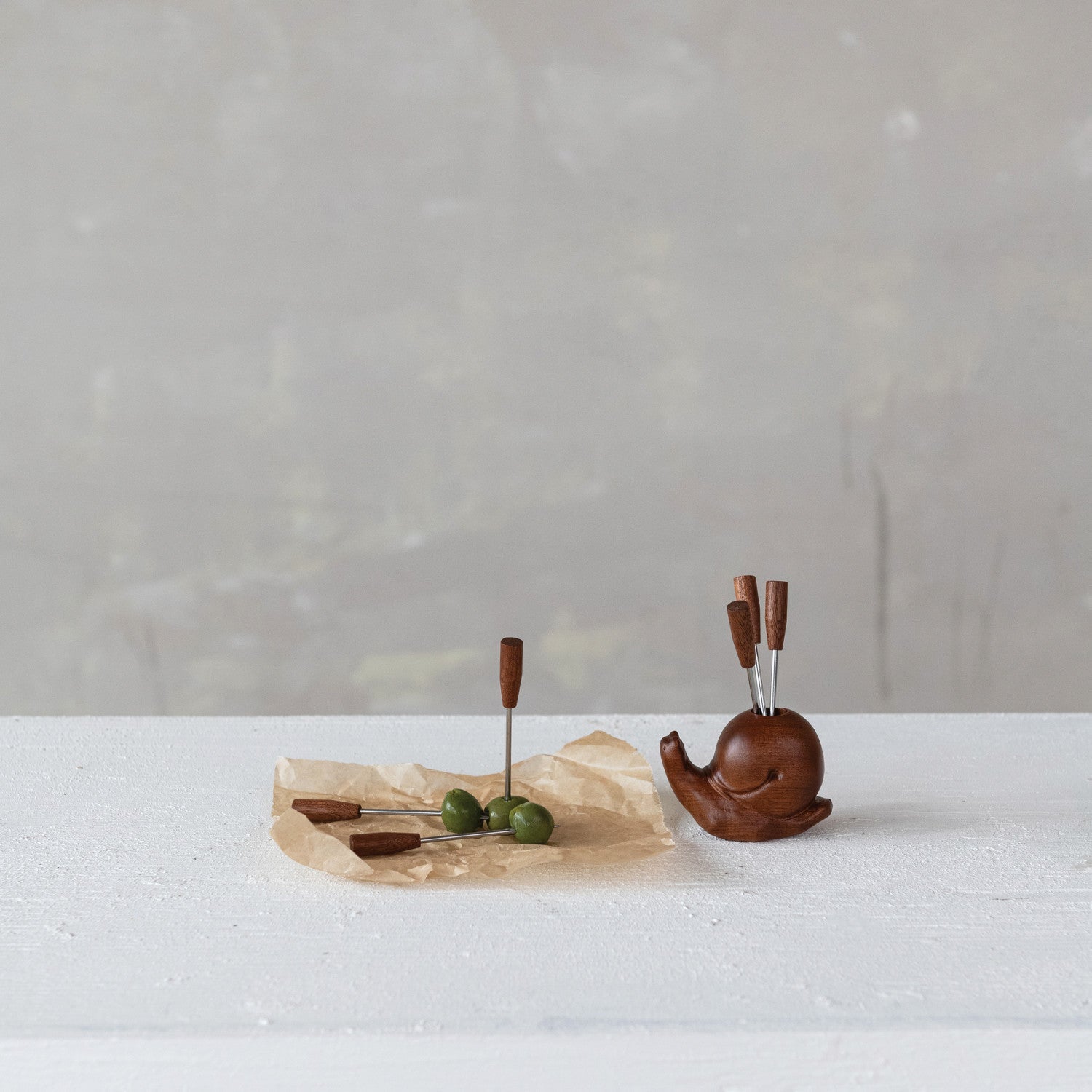 Wood Snail Holder with 6 Stainless Steel Appetizer Picks