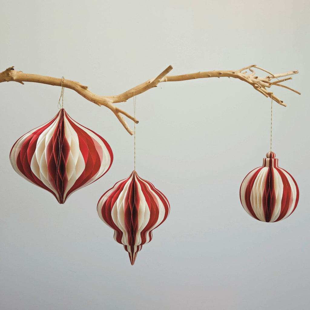 Red & White Recycled Paper Honeycomb Ornament | 2 Styles