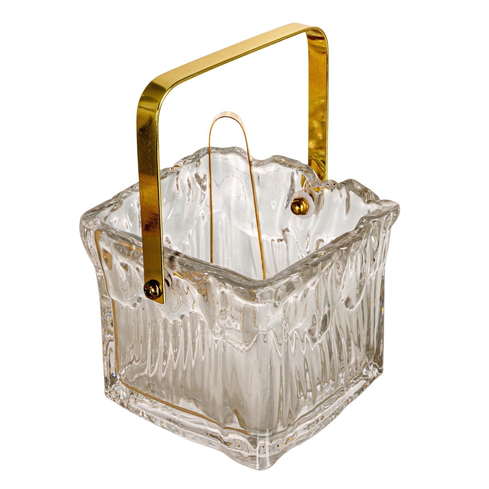 Textured Glass Ice Bucket with Gold Handle & Tongs